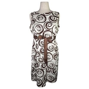 Jessica Howard 14W Brown Swirl Print Sheath Dress Belted Lined Cotton Retro